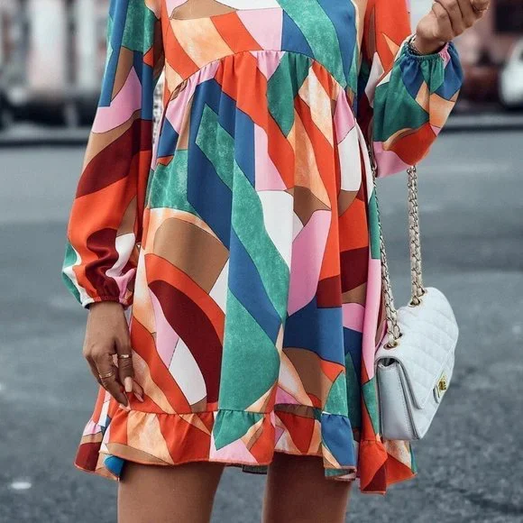 Multicolor Boho Womens Geo Print Lantern Sleeve Ruffle Hem Smock Dress - Picture 4 of 5